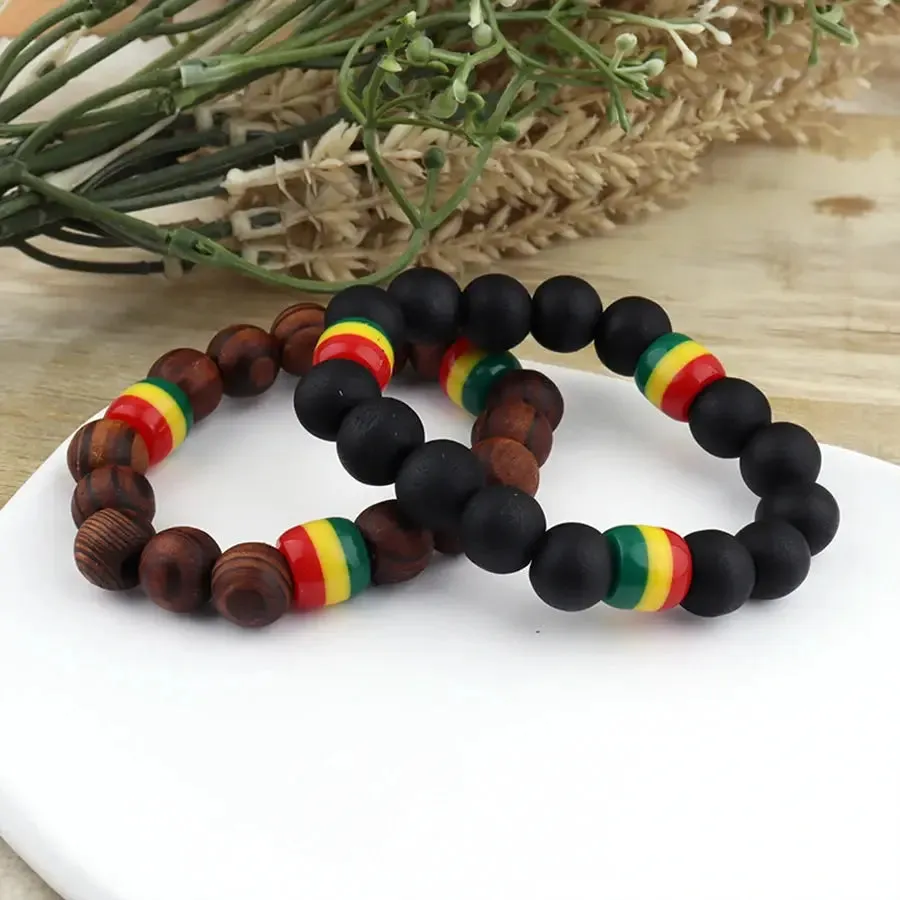 Rasta Beaded Bracelet Set - Natural Wood and Matte Black Beads