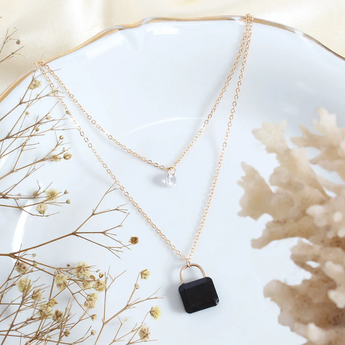 RHINESTONE LOCK & DIAMANTÈ PENDANT STATEMENT GOLD-TONED LAYERED NECKLACE
