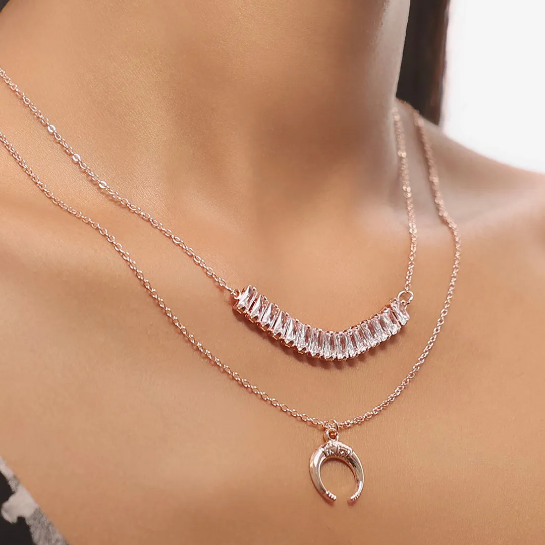 Rhinestone Studded Pendant & Metallic Moon Pendants Rose Gold-Toned Layered Necklace