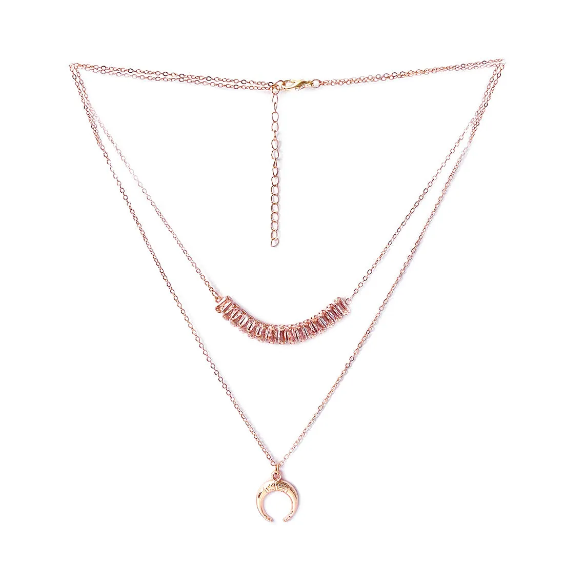 Rhinestone Studded Pendant & Metallic Moon Pendants Rose Gold-Toned Layered Necklace