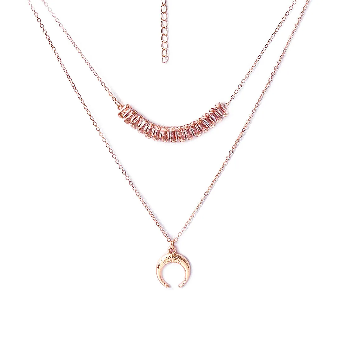 Rhinestone Studded Pendant & Metallic Moon Pendants Rose Gold-Toned Layered Necklace