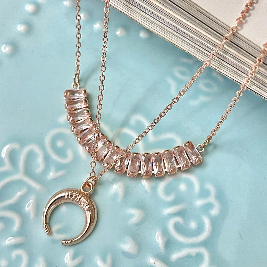 Rhinestone Studded Pendant & Metallic Moon Pendants Rose Gold-Toned Layered Necklace