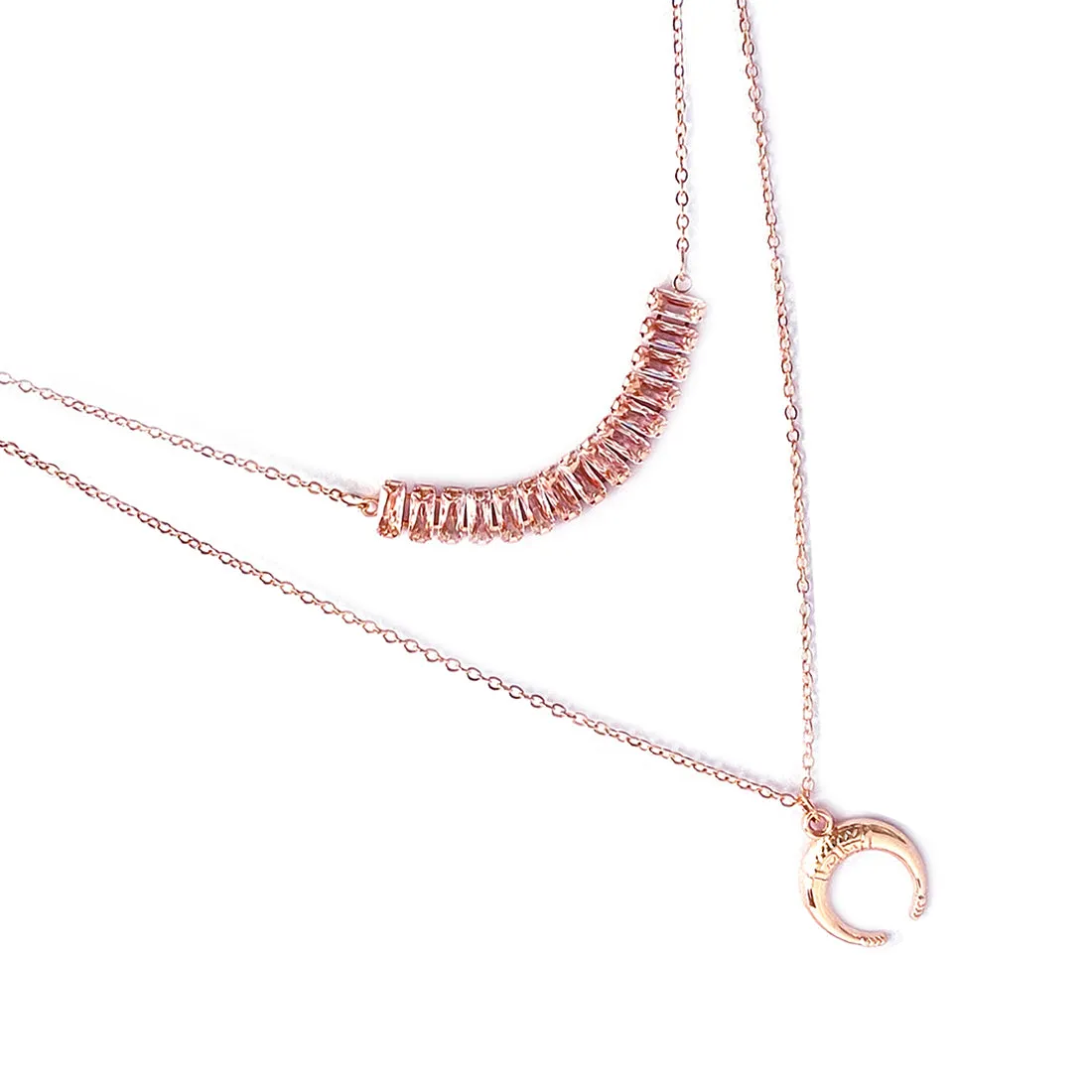 Rhinestone Studded Pendant & Metallic Moon Pendants Rose Gold-Toned Layered Necklace