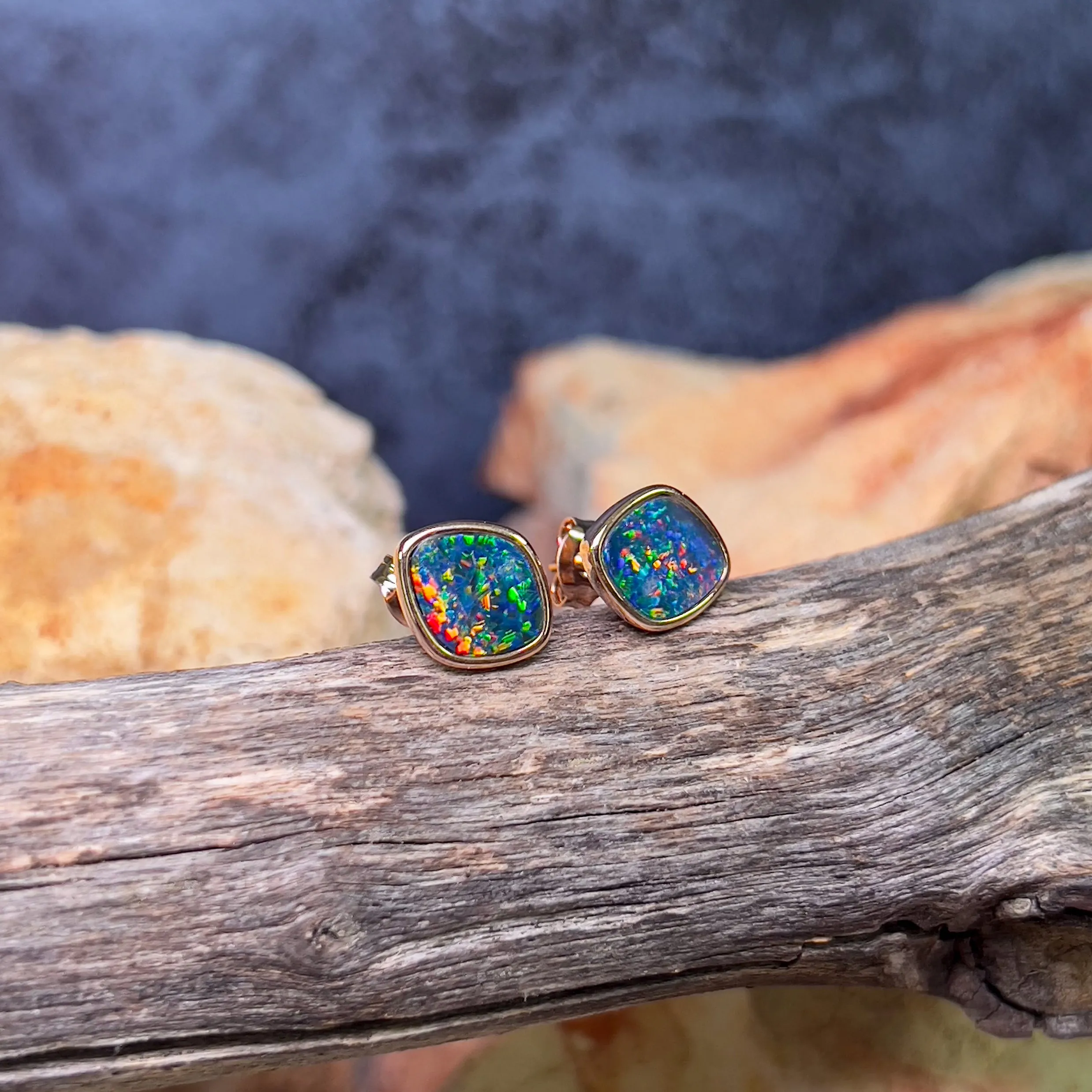 Rose Gold plated silver diamond shape Opal doublet studs