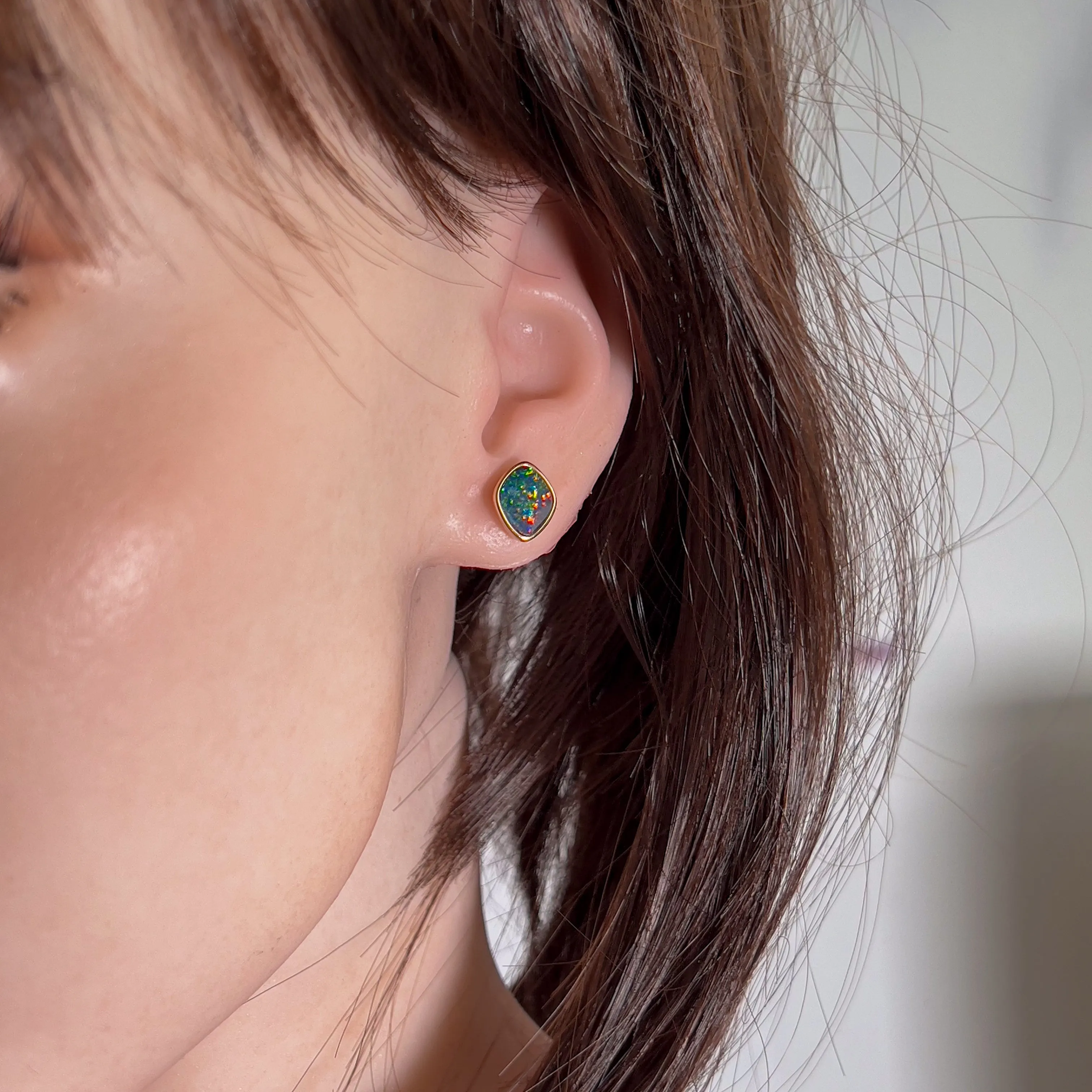 Rose Gold plated silver diamond shape Opal doublet studs