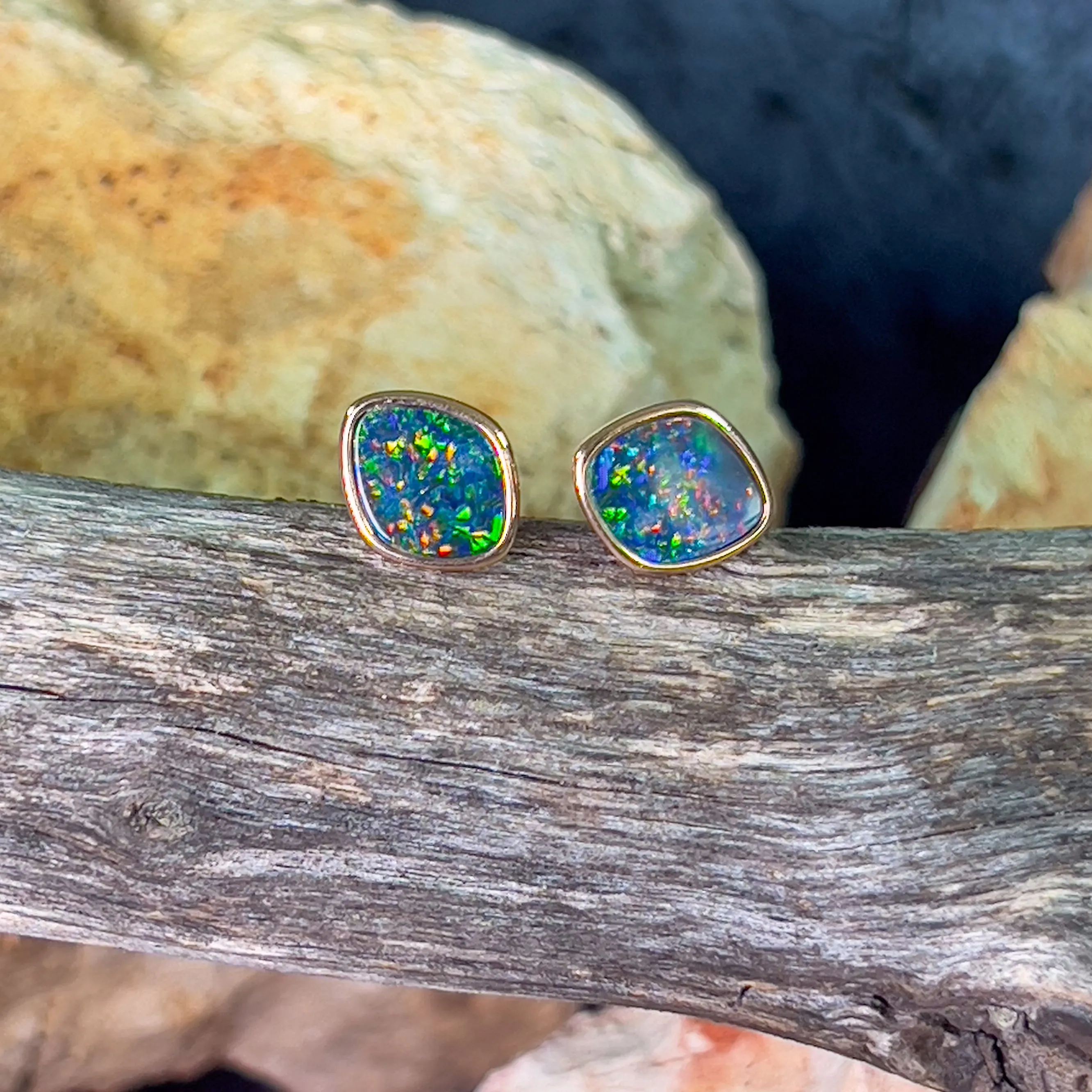 Rose Gold plated silver diamond shape Opal doublet studs
