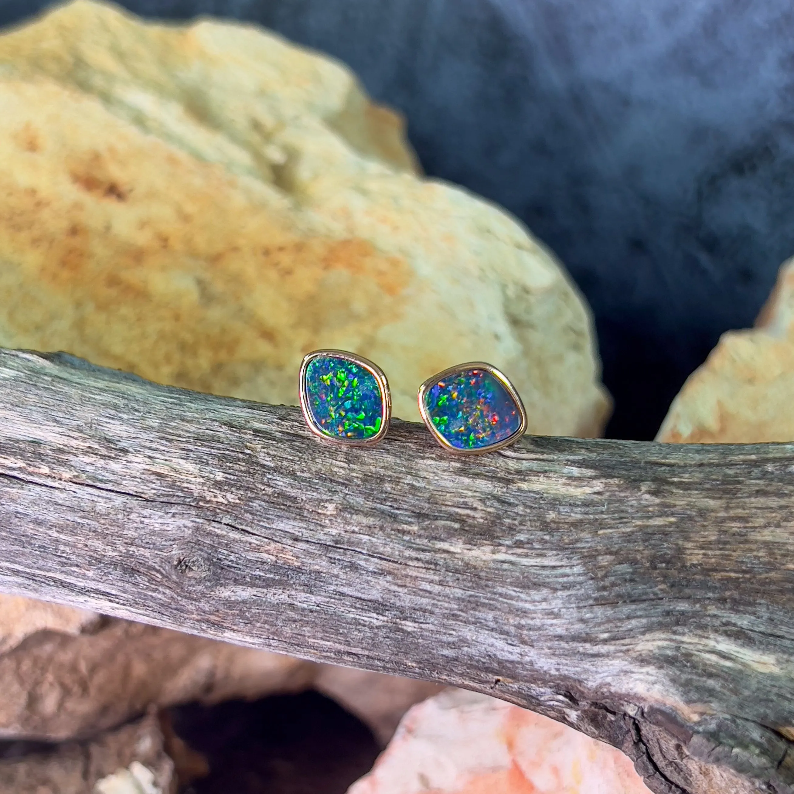 Rose Gold plated silver diamond shape Opal doublet studs