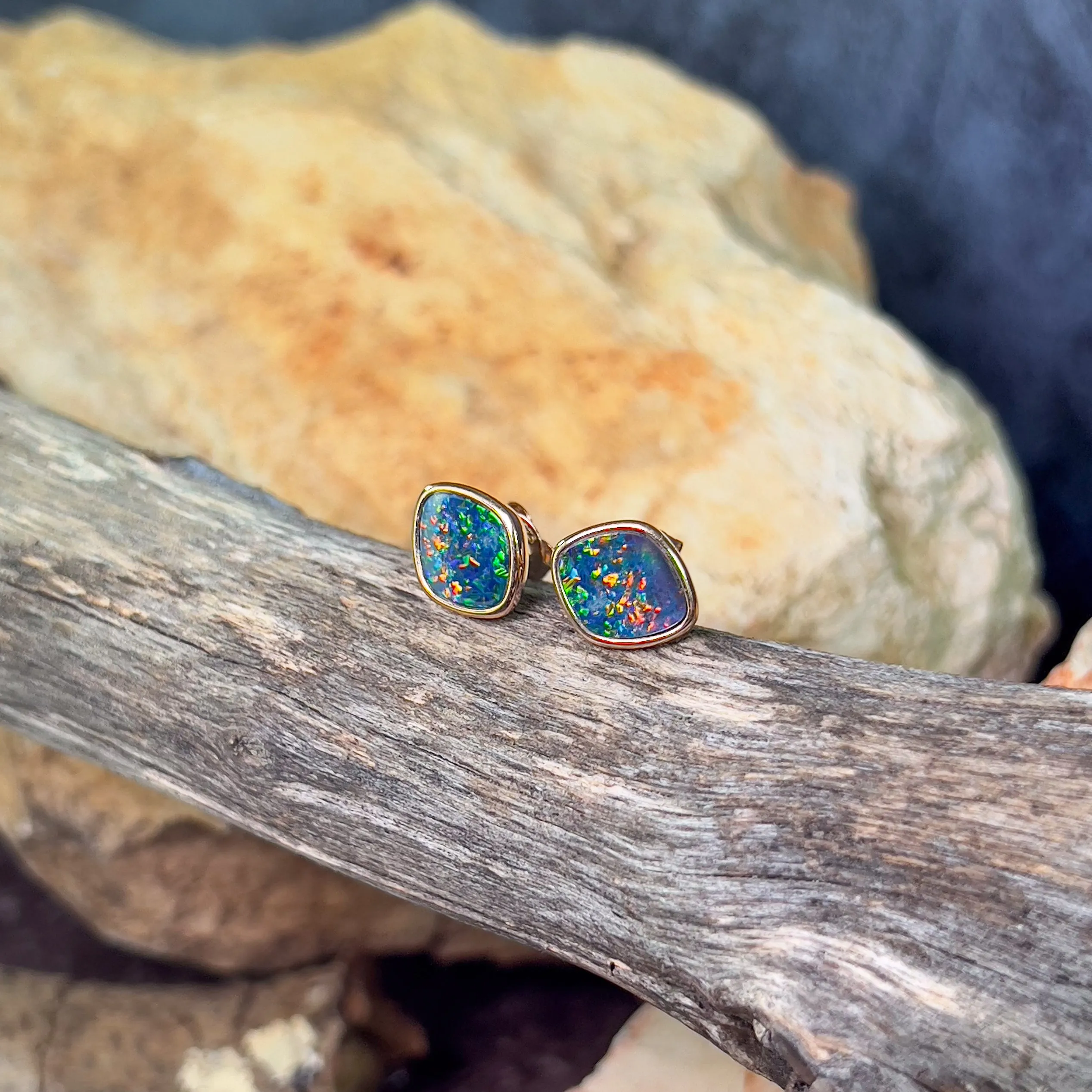Rose Gold plated silver diamond shape Opal doublet studs