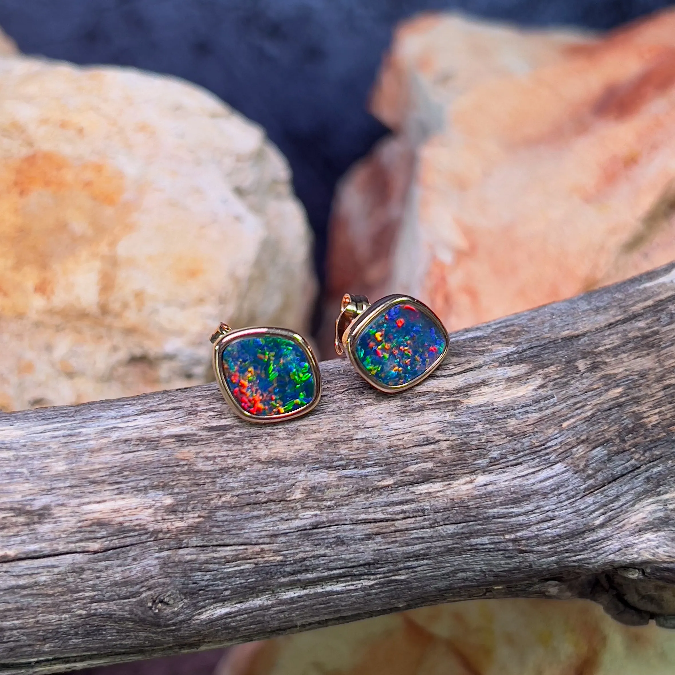 Rose Gold plated silver diamond shape Opal doublet studs