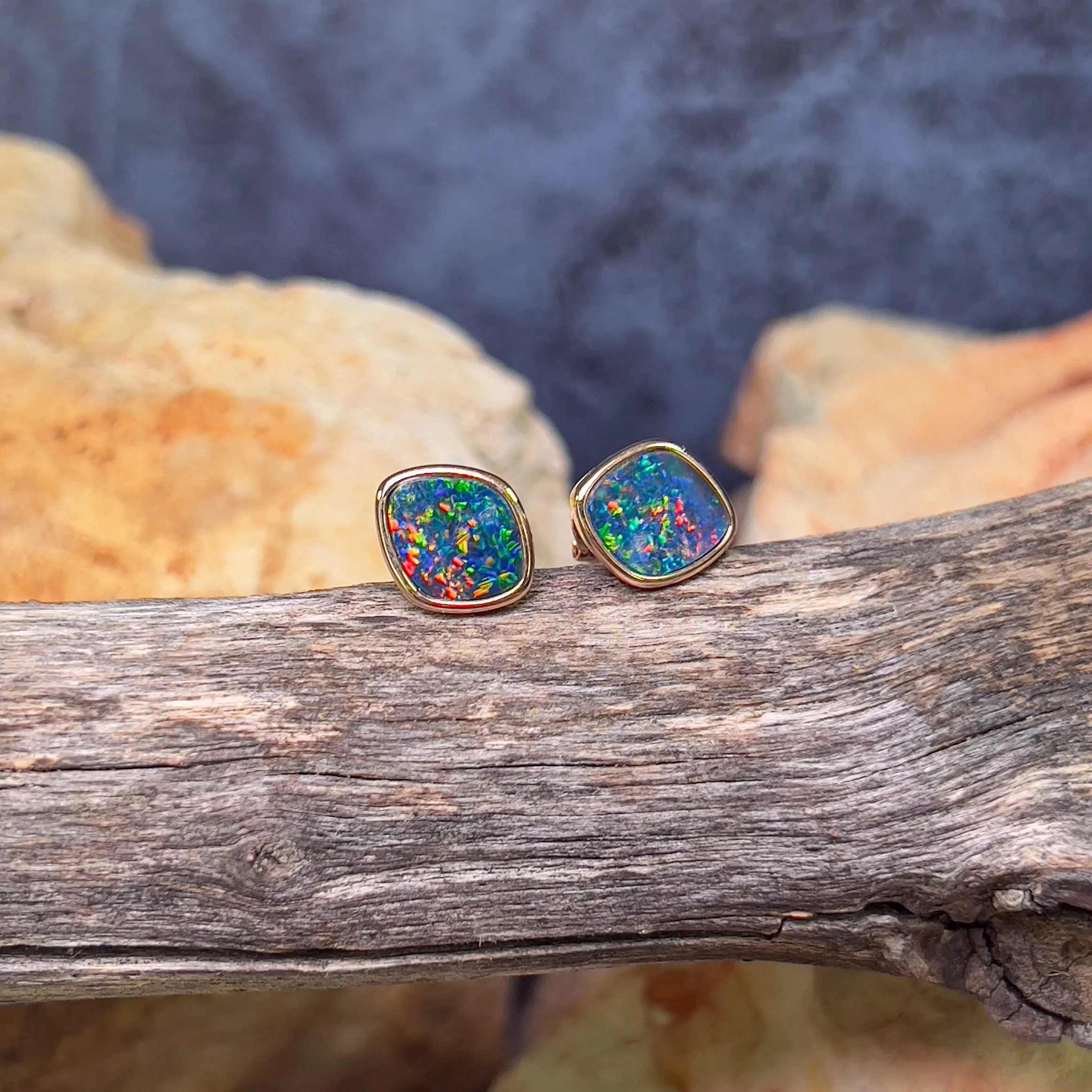 Rose Gold plated silver diamond shape Opal doublet studs