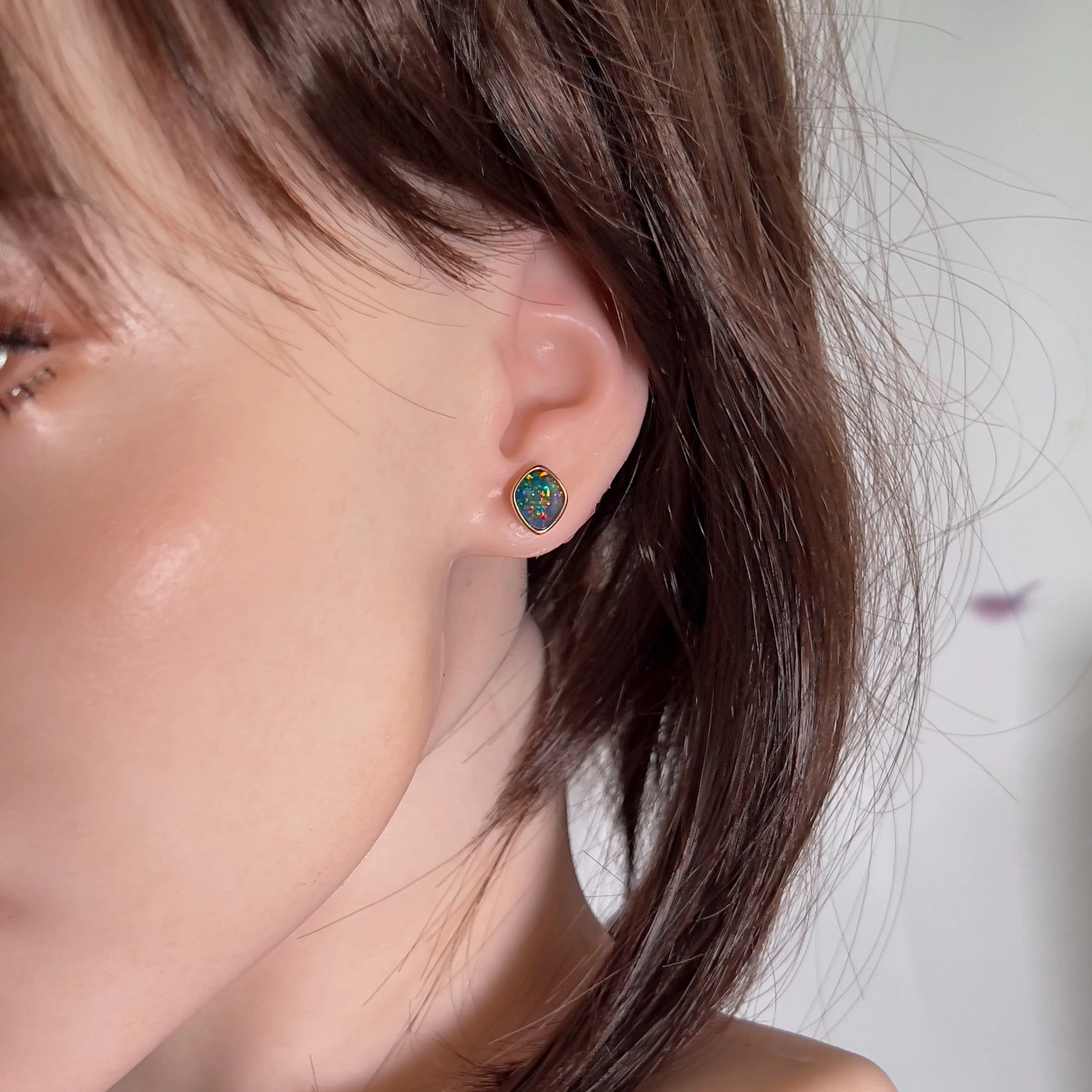 Rose Gold plated silver diamond shape Opal doublet studs