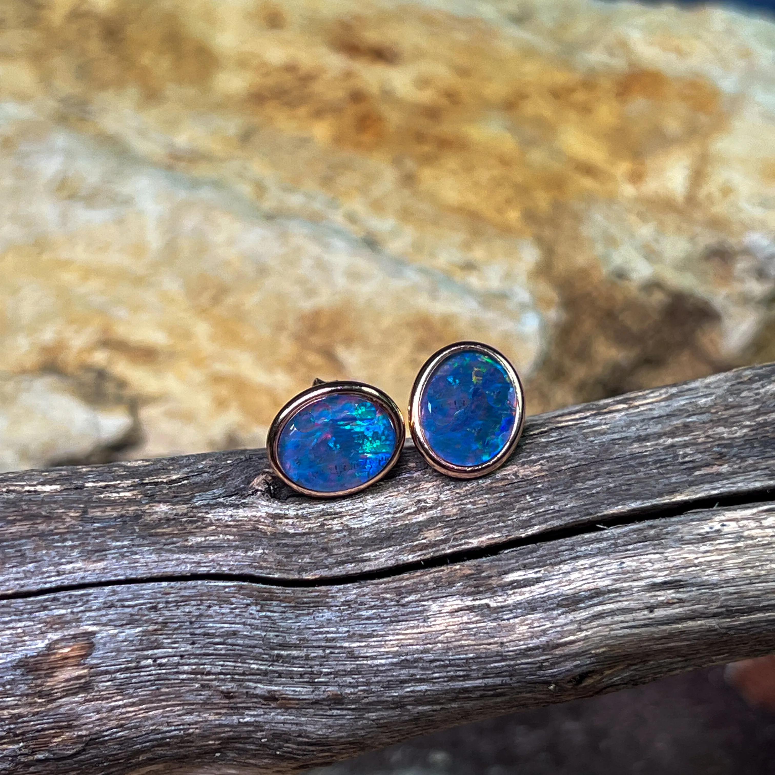 Rose Gold Sterling Silver 10x8mm Opal triplet bezel studs