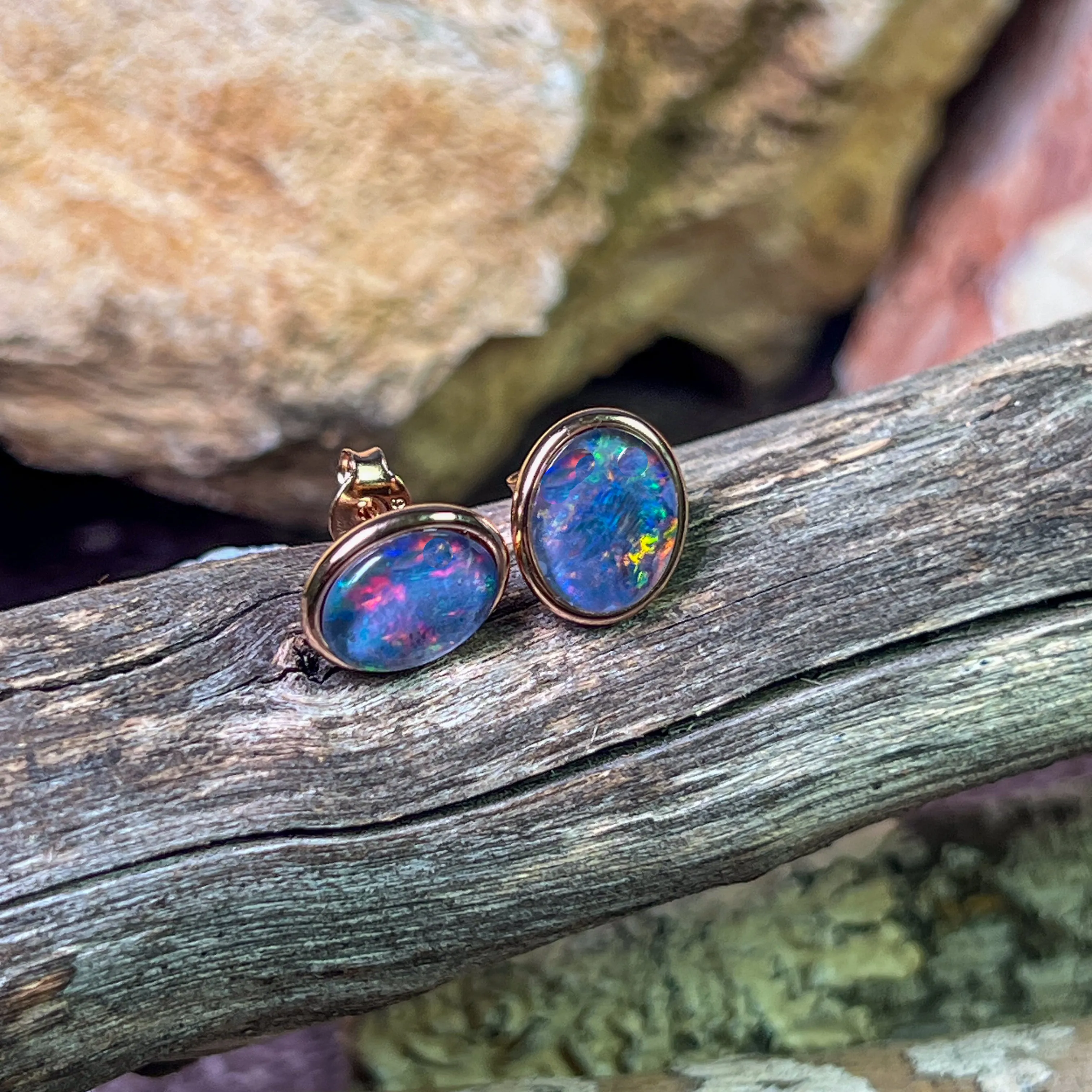 Rose Gold Sterling Silver 10x8mm Opal triplet bezel studs