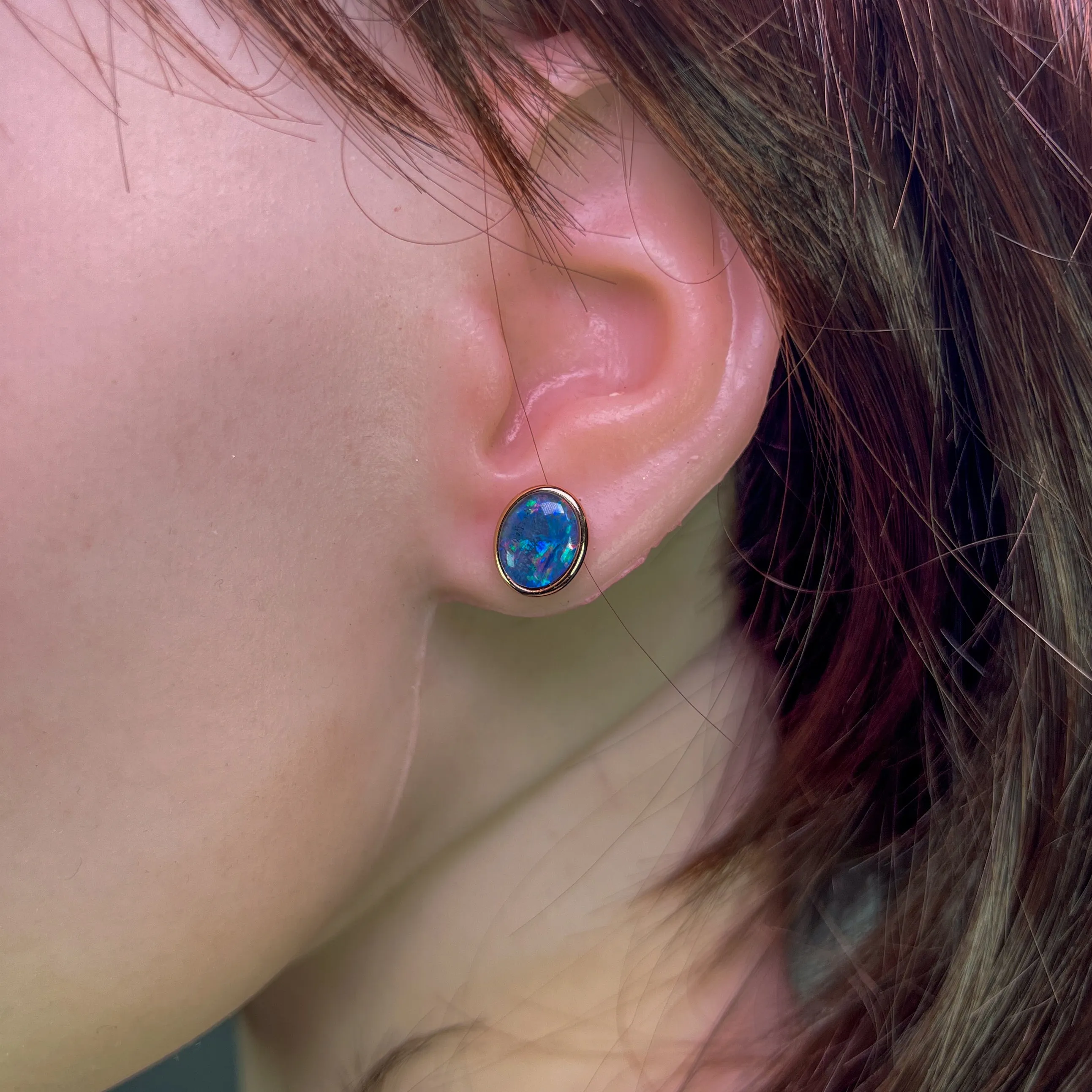 Rose Gold Sterling Silver 10x8mm Opal triplet bezel studs