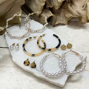SET OF 6 GOLD-TONED, PEARL, ANIMAL TORTOISE SHELL PRINT STUD & HOOP EARRINGS