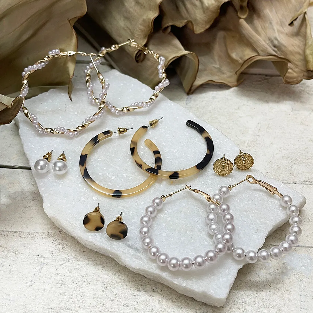 SET OF 6 GOLD-TONED, PEARL, ANIMAL TORTOISE SHELL PRINT STUD & HOOP EARRINGS
