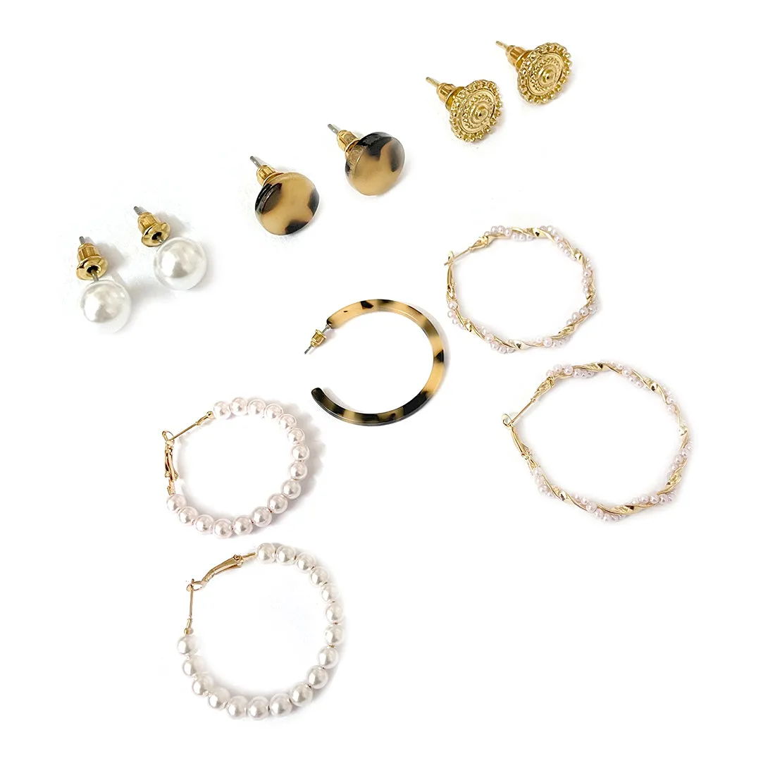 SET OF 6 GOLD-TONED, PEARL, ANIMAL TORTOISE SHELL PRINT STUD & HOOP EARRINGS