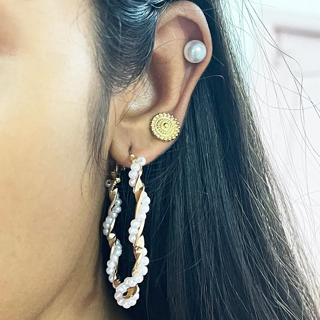 SET OF 6 GOLD-TONED, PEARL, ANIMAL TORTOISE SHELL PRINT STUD & HOOP EARRINGS