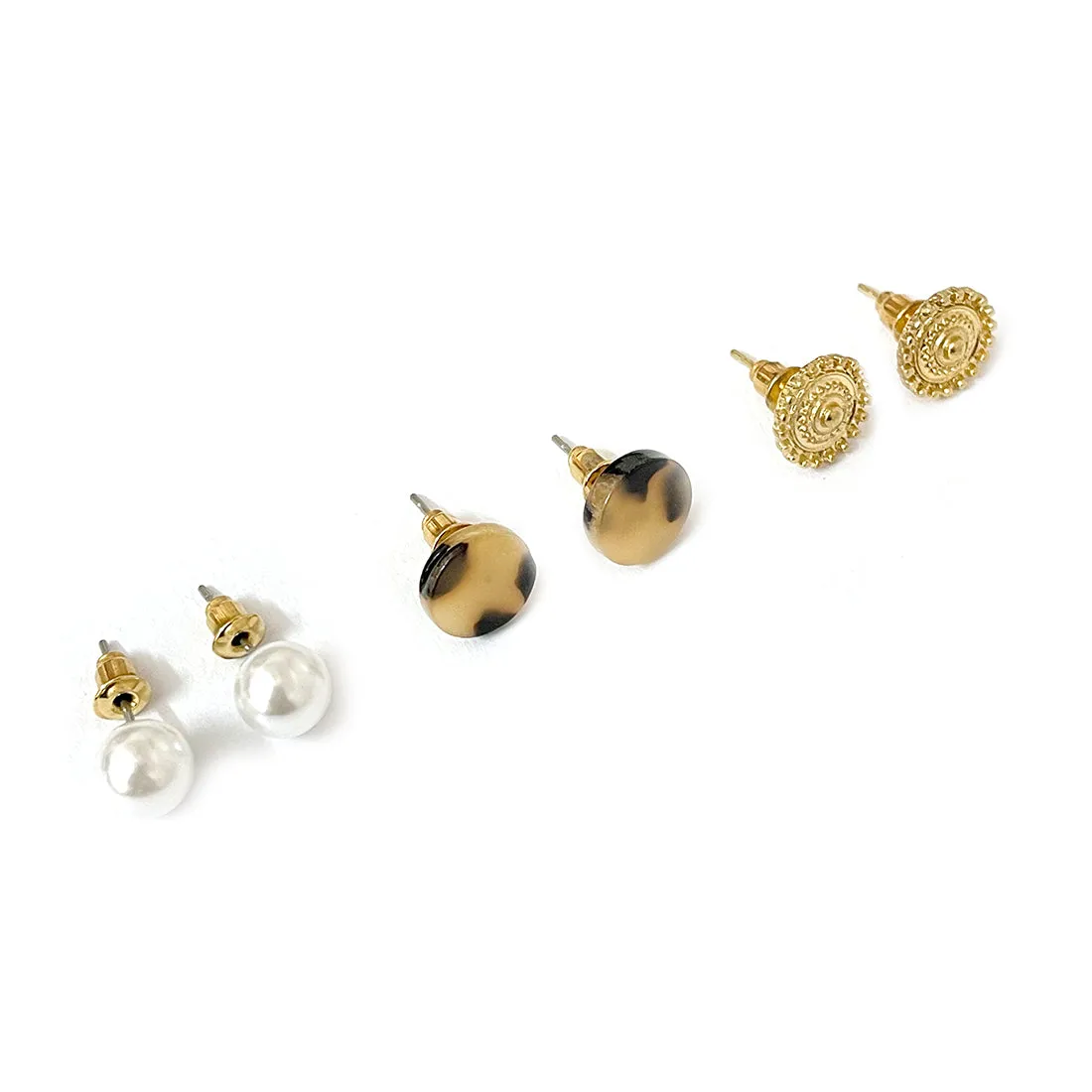 SET OF 6 GOLD-TONED, PEARL, ANIMAL TORTOISE SHELL PRINT STUD & HOOP EARRINGS