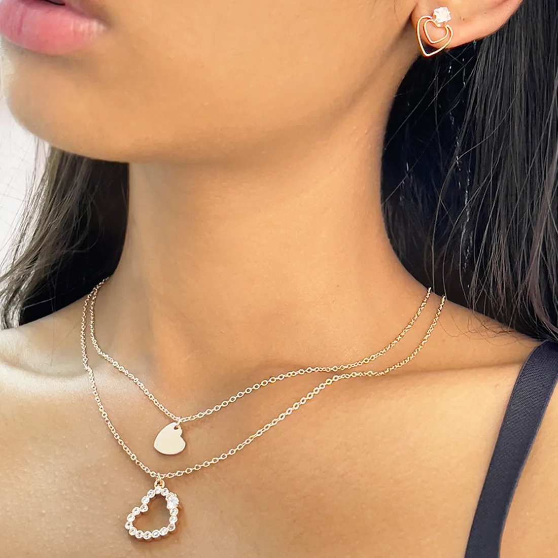Set Of Two Heart & Diamante Rose Studded Layered Mini Pendant Gold-Toned Necklace & Earrings