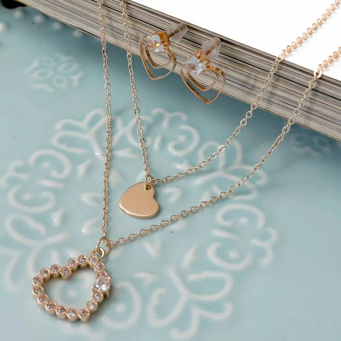 Set Of Two Heart & Diamante Rose Studded Layered Mini Pendant Gold-Toned Necklace & Earrings