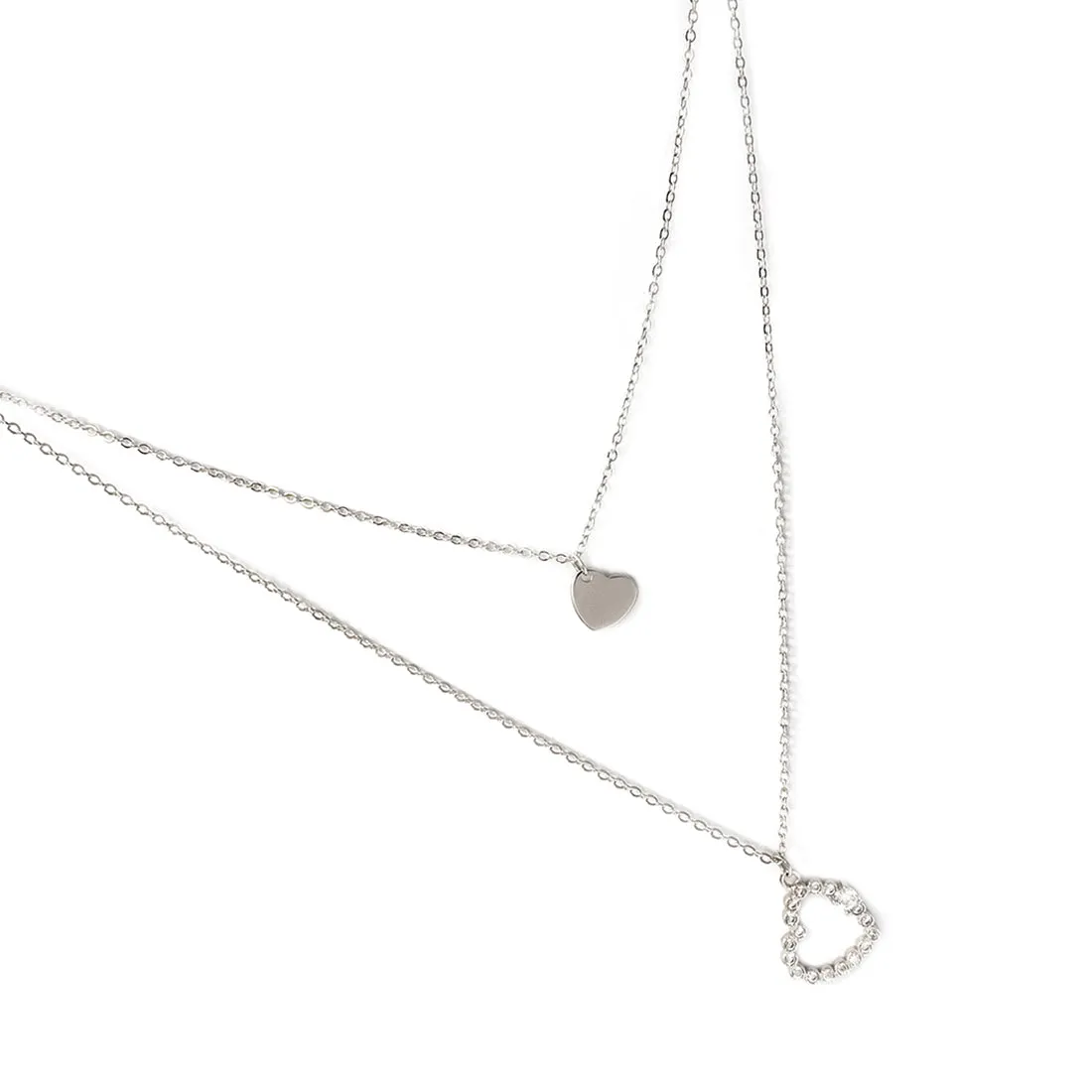 Set Of Two Heart & Diamante Studded Layered Mini Pendant Silver-Toned Necklace & Earrings