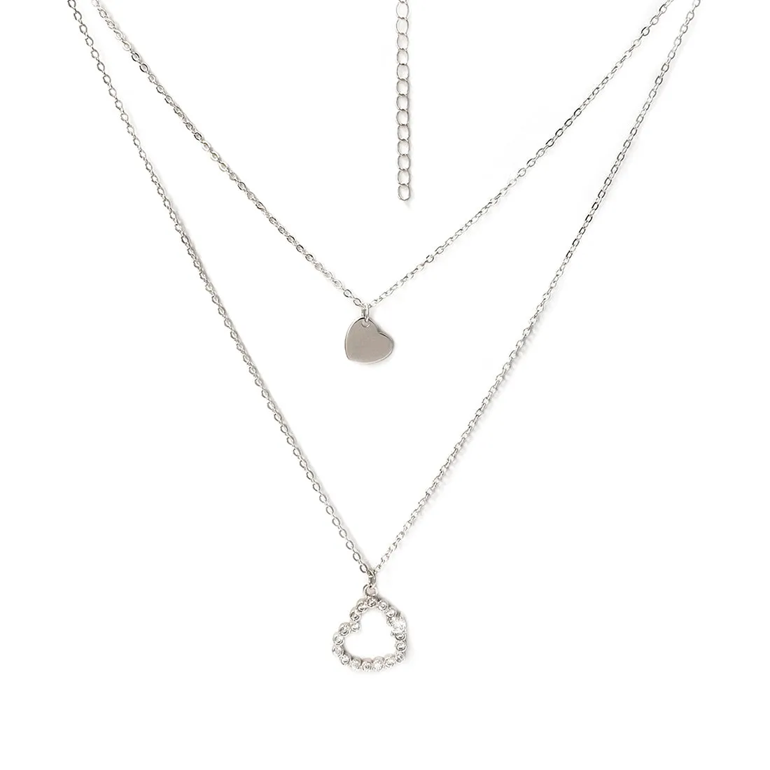 Set Of Two Heart & Diamante Studded Layered Mini Pendant Silver-Toned Necklace & Earrings