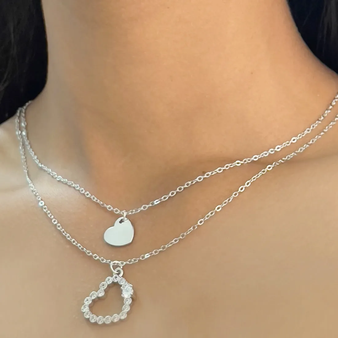 Set Of Two Heart & Diamante Studded Layered Mini Pendant Silver-Toned Necklace & Earrings