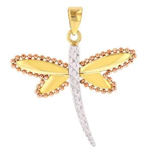 Solid 14K Yellow Gold and Rose Gold Milgrain Dragonfly Pendant with Texture