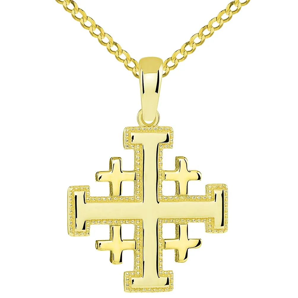 Solid 14k Yellow Gold Crusaders Jerusalem Cross Pendant with Cable, Cuban Curb, or Figaro Chain Necklaces