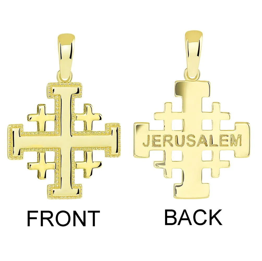 Solid 14k Yellow Gold Crusaders Jerusalem Cross Pendant with Cable, Cuban Curb, or Figaro Chain Necklaces