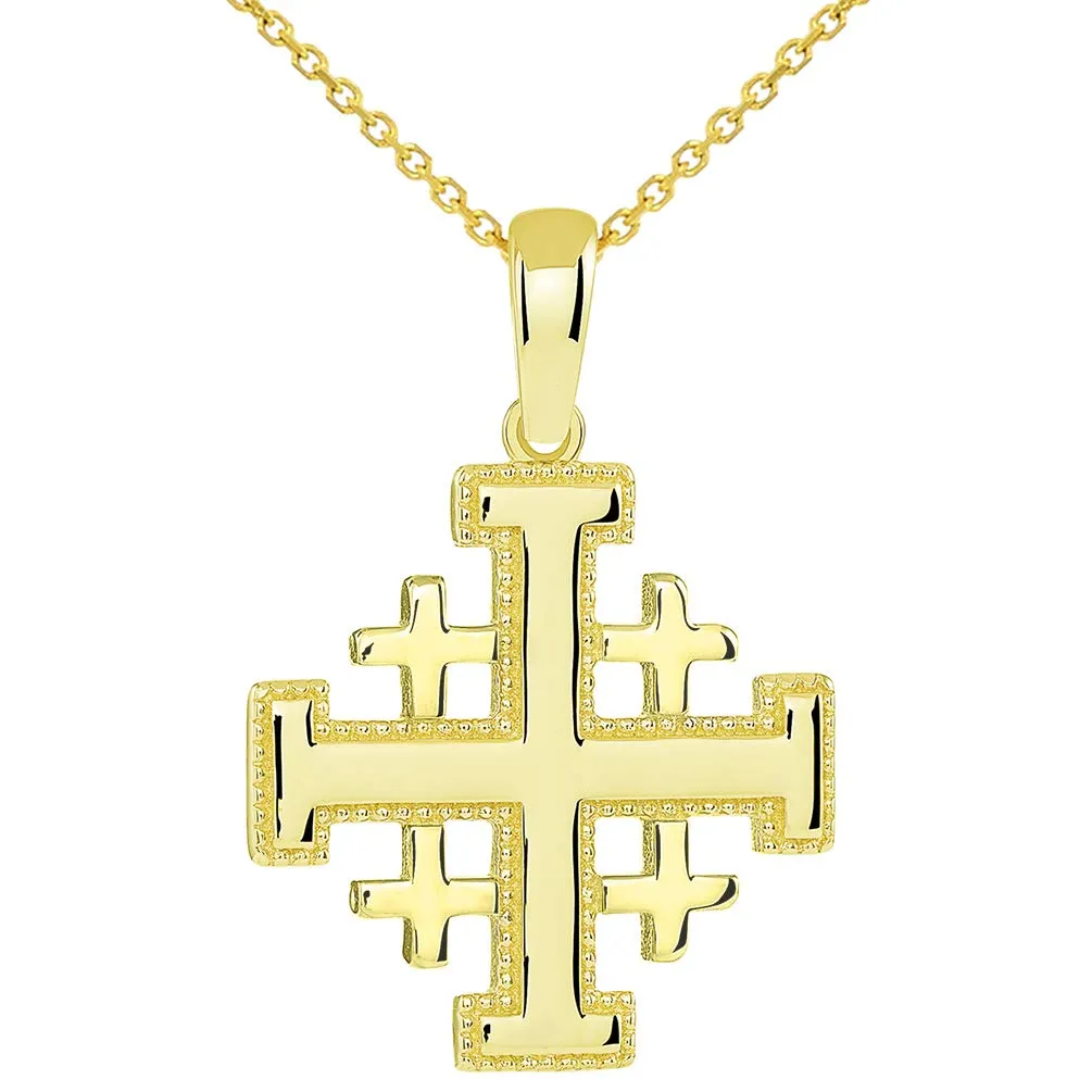 Solid 14k Yellow Gold Crusaders Jerusalem Cross Pendant with Cable, Cuban Curb, or Figaro Chain Necklaces