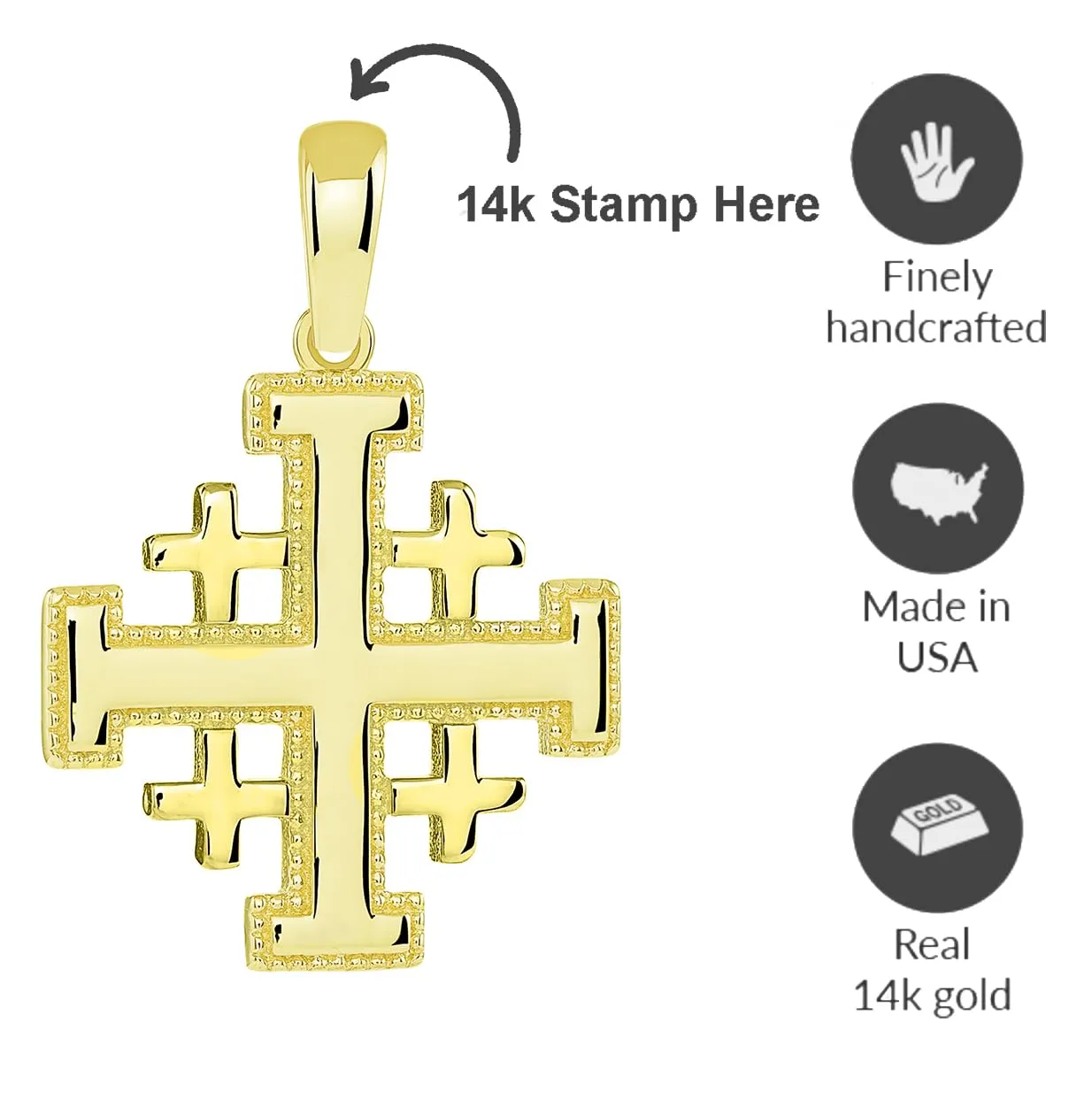 Solid 14k Yellow Gold Crusaders Jerusalem Cross Pendant with Cable, Cuban Curb, or Figaro Chain Necklaces