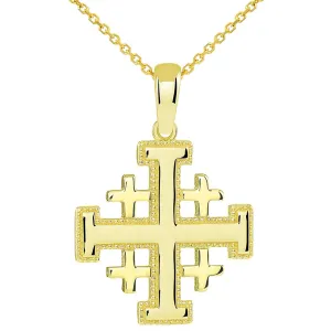 Solid 14k Yellow Gold Crusaders Jerusalem Cross Pendant with Cable, Cuban Curb, or Figaro Chain Necklaces