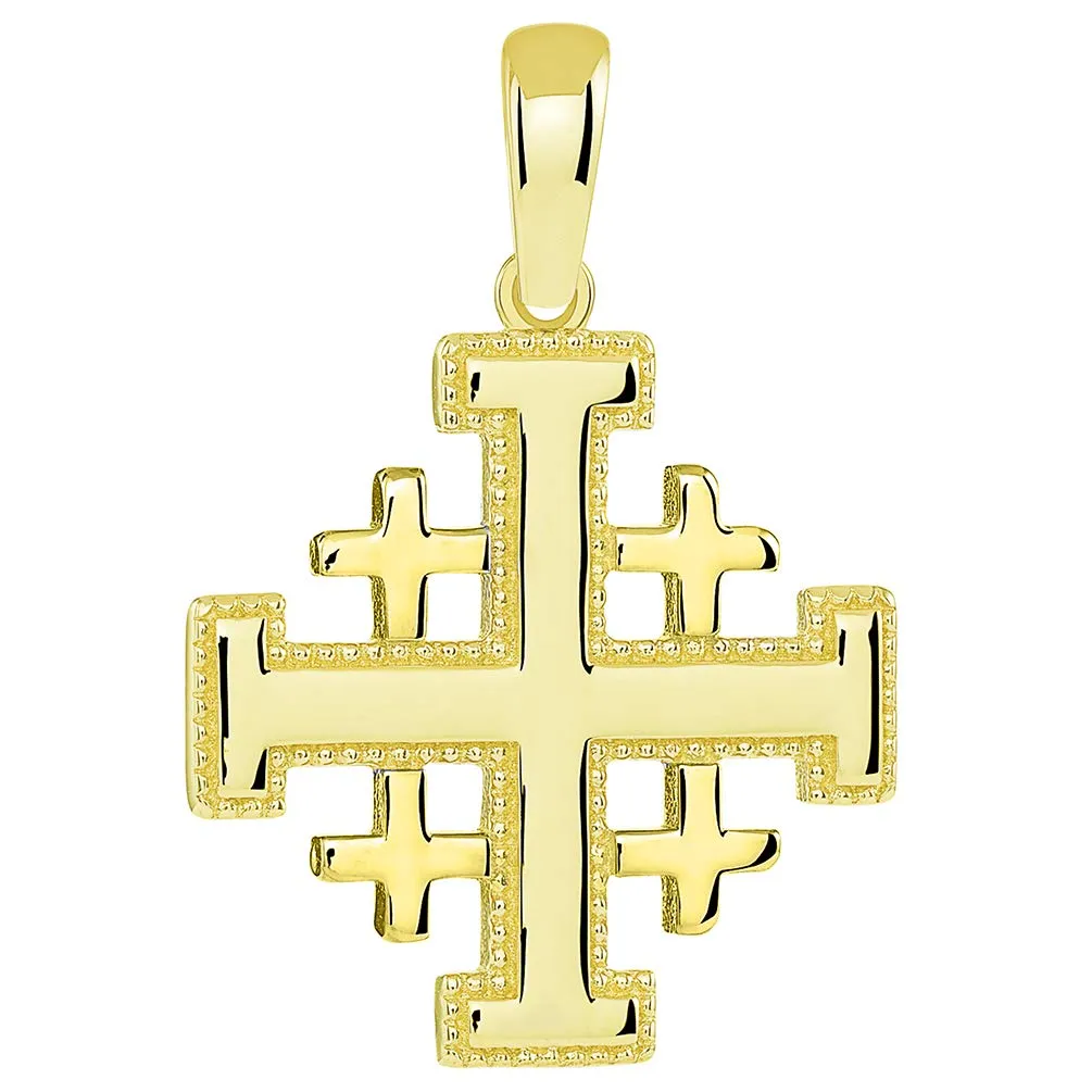 Solid 14k Yellow Gold Crusaders Jerusalem Cross Pendant with Cable, Cuban Curb, or Figaro Chain Necklaces