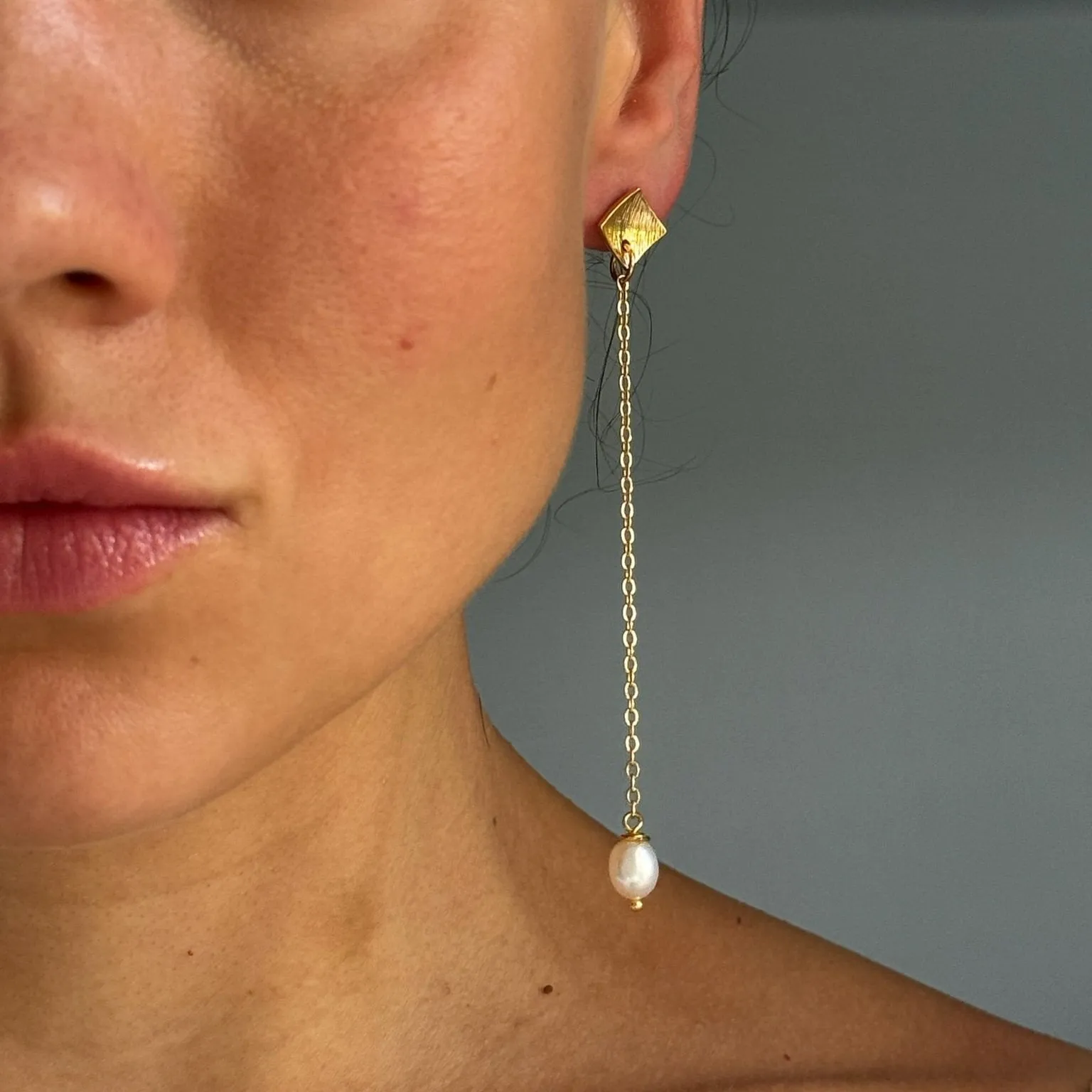 Square Long Pearl Drop Earrings