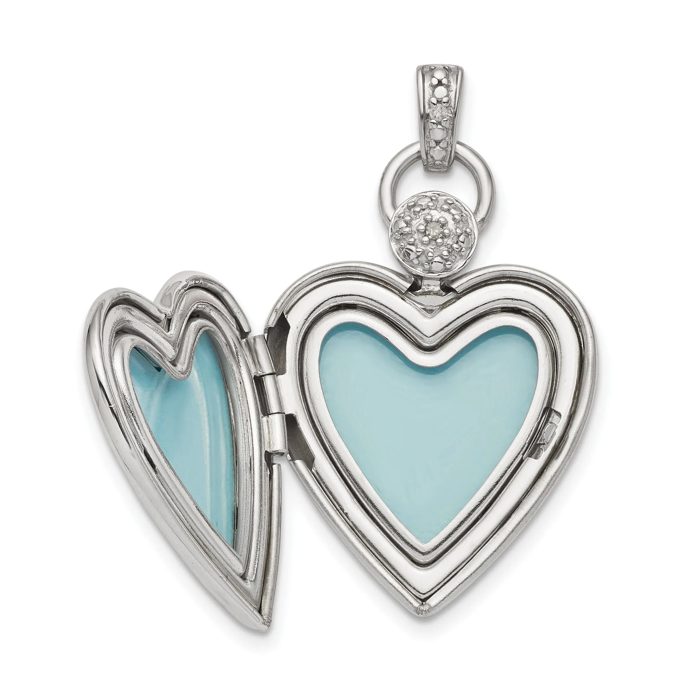 Sterling Silver Rhodium-plate 21mm Heart Dia. Accent diamond cut Satin Locket