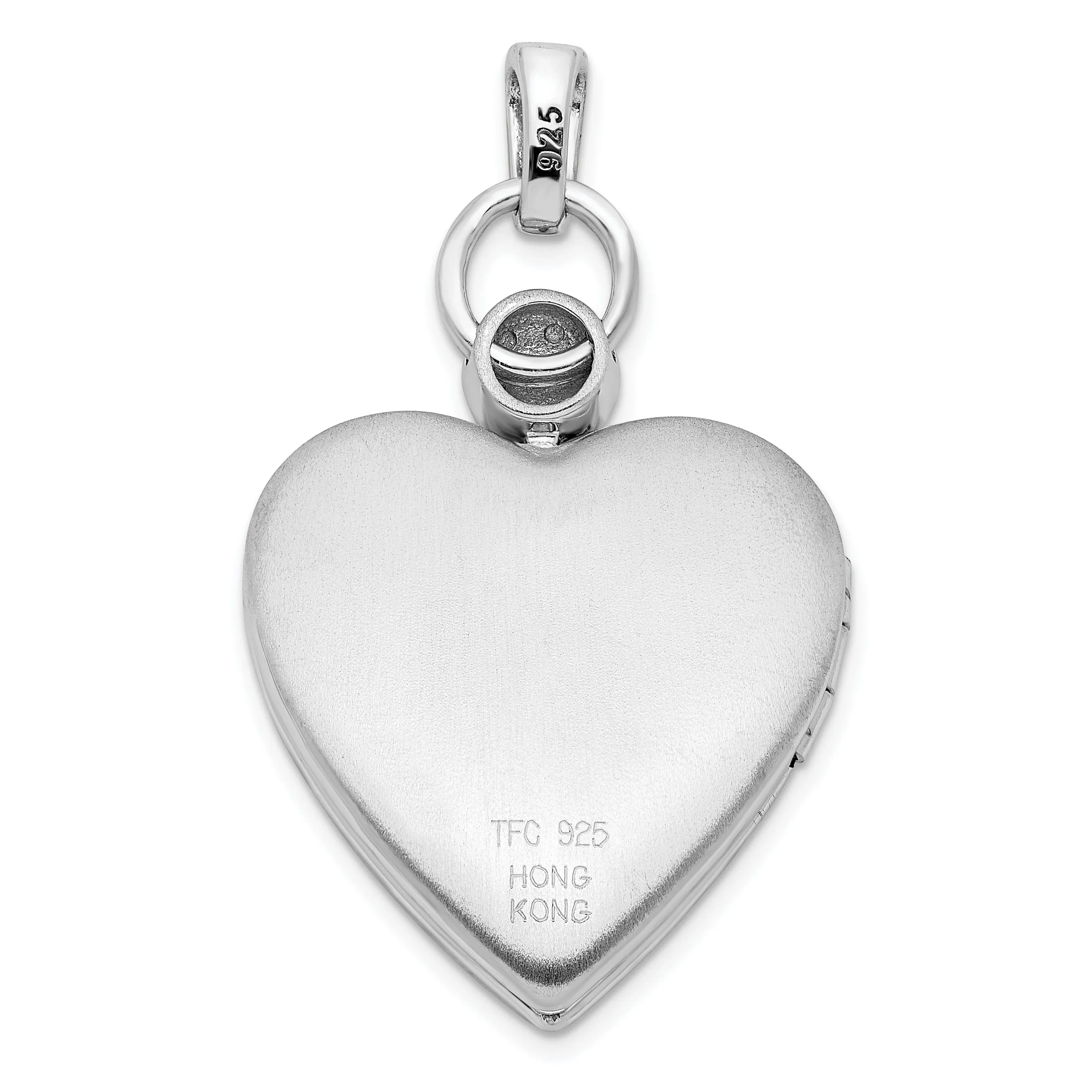 Sterling Silver Rhodium-plate 21mm Heart Dia. Accent diamond cut Satin Locket