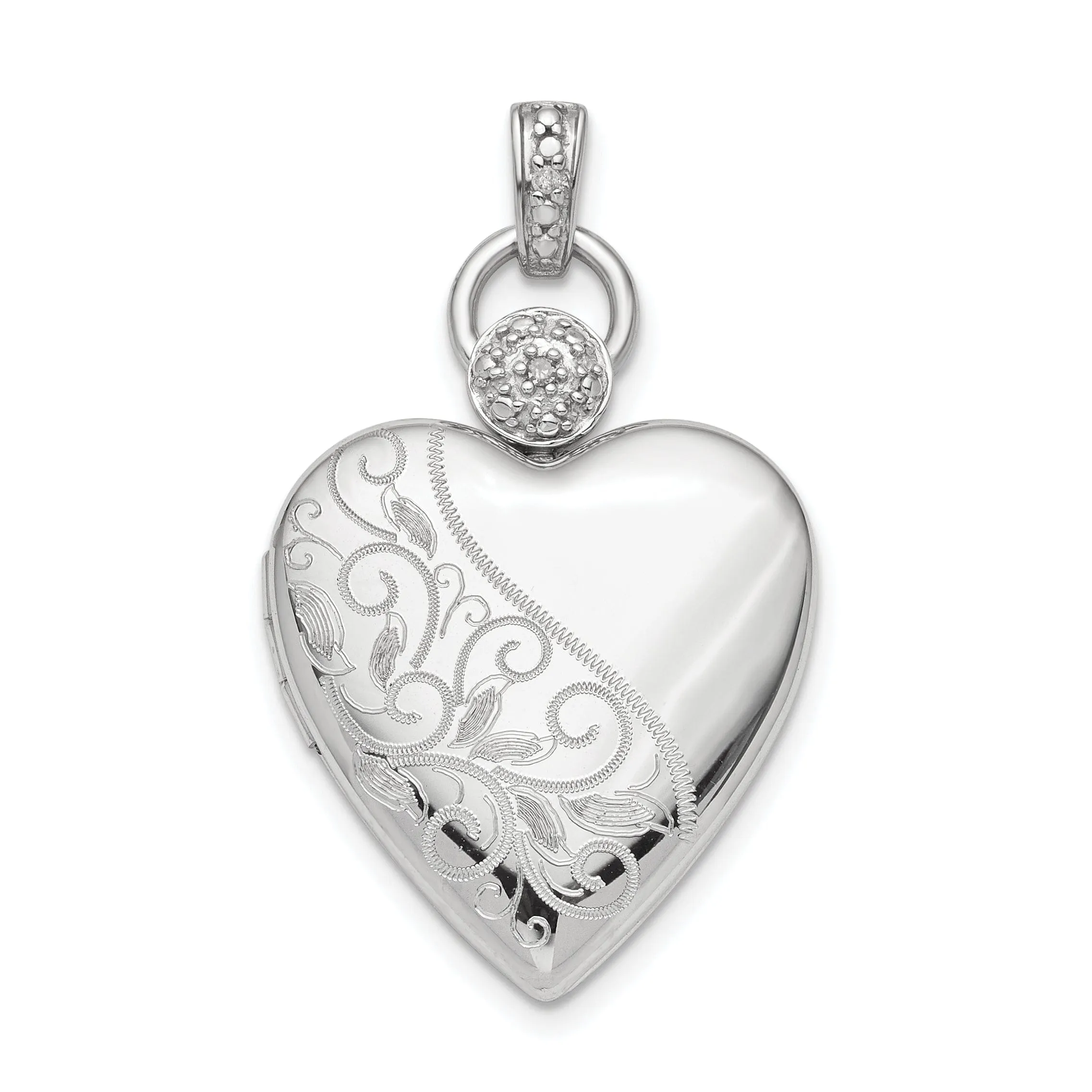 Sterling Silver Rhodium-plate 21mm Heart Dia. Accent diamond cut Satin Locket