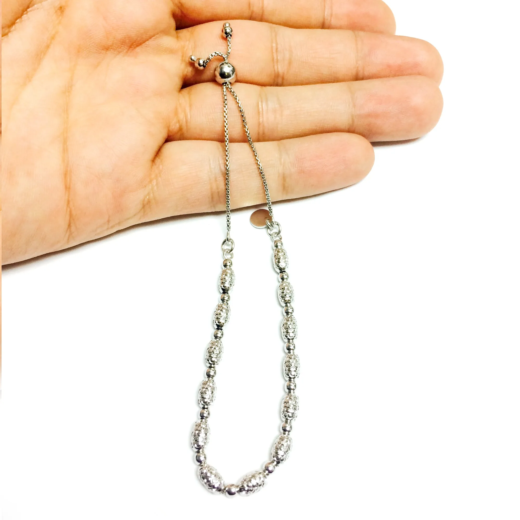 Sterling Silver Round And Oval Textured Beads Adjustable Bolo Friendship Bracelet , 9.25"