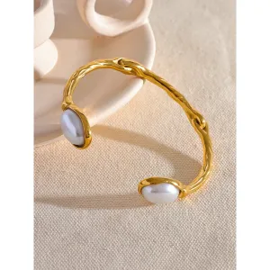 Trendy Imitation Pearls Stainless Steel Gold Color Cuff Bracelet Bangle Rust Proof Metal Stylish Wrist Jewelry for Women