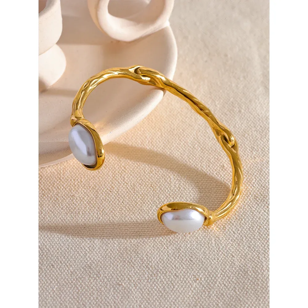 Trendy Imitation Pearls Stainless Steel Gold Color Cuff Bracelet Bangle Rust Proof Metal Stylish Wrist Jewelry for Women