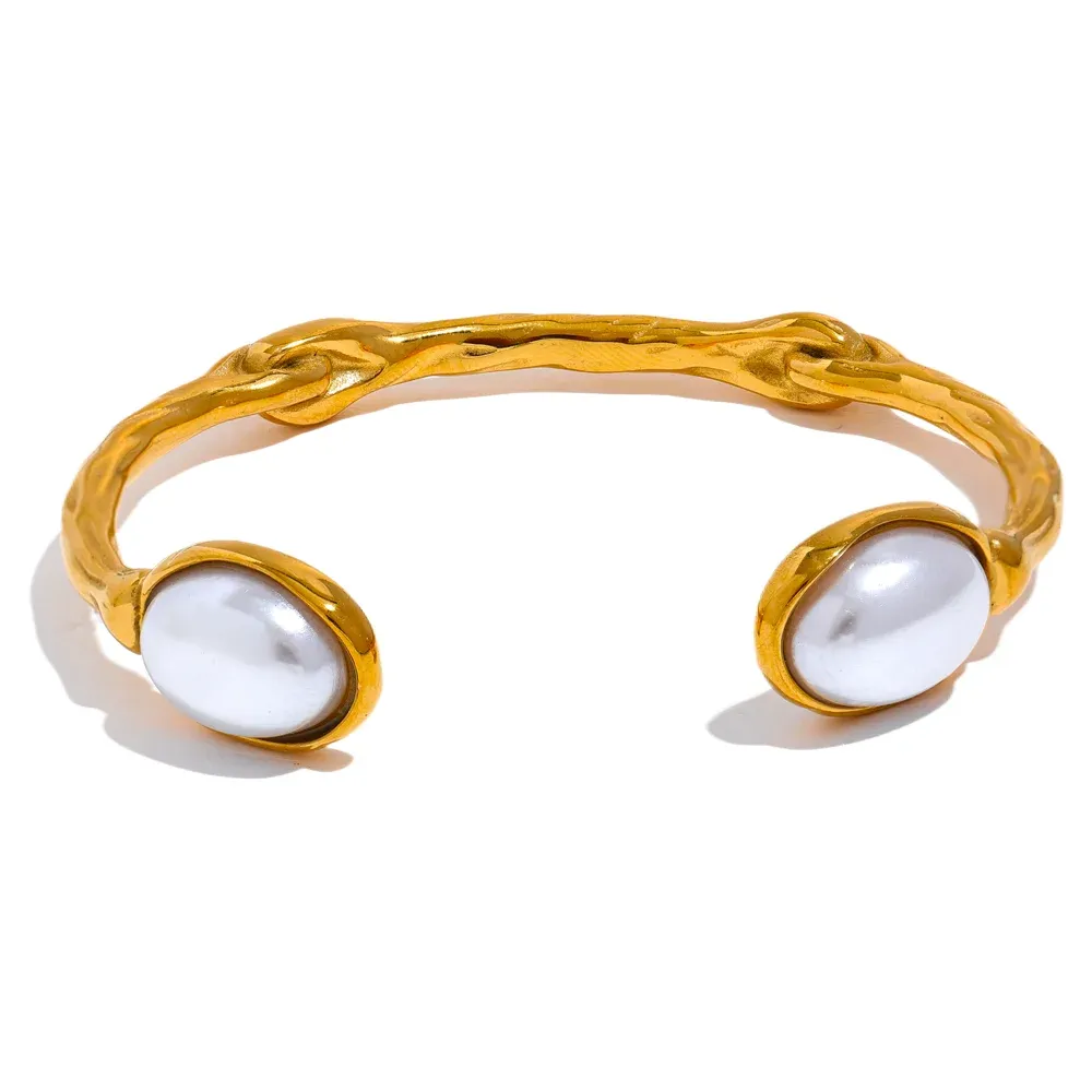 Trendy Imitation Pearls Stainless Steel Gold Color Cuff Bracelet Bangle Rust Proof Metal Stylish Wrist Jewelry for Women