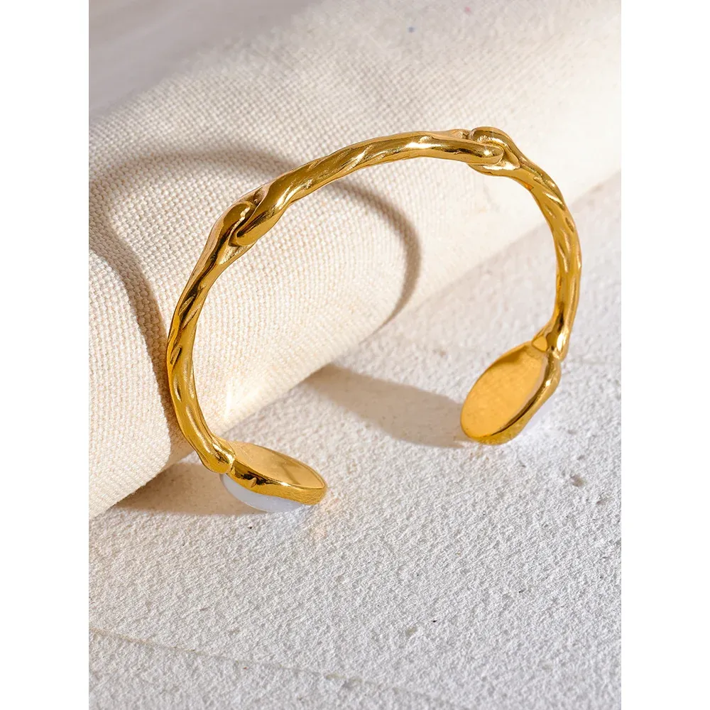 Trendy Imitation Pearls Stainless Steel Gold Color Cuff Bracelet Bangle Rust Proof Metal Stylish Wrist Jewelry for Women