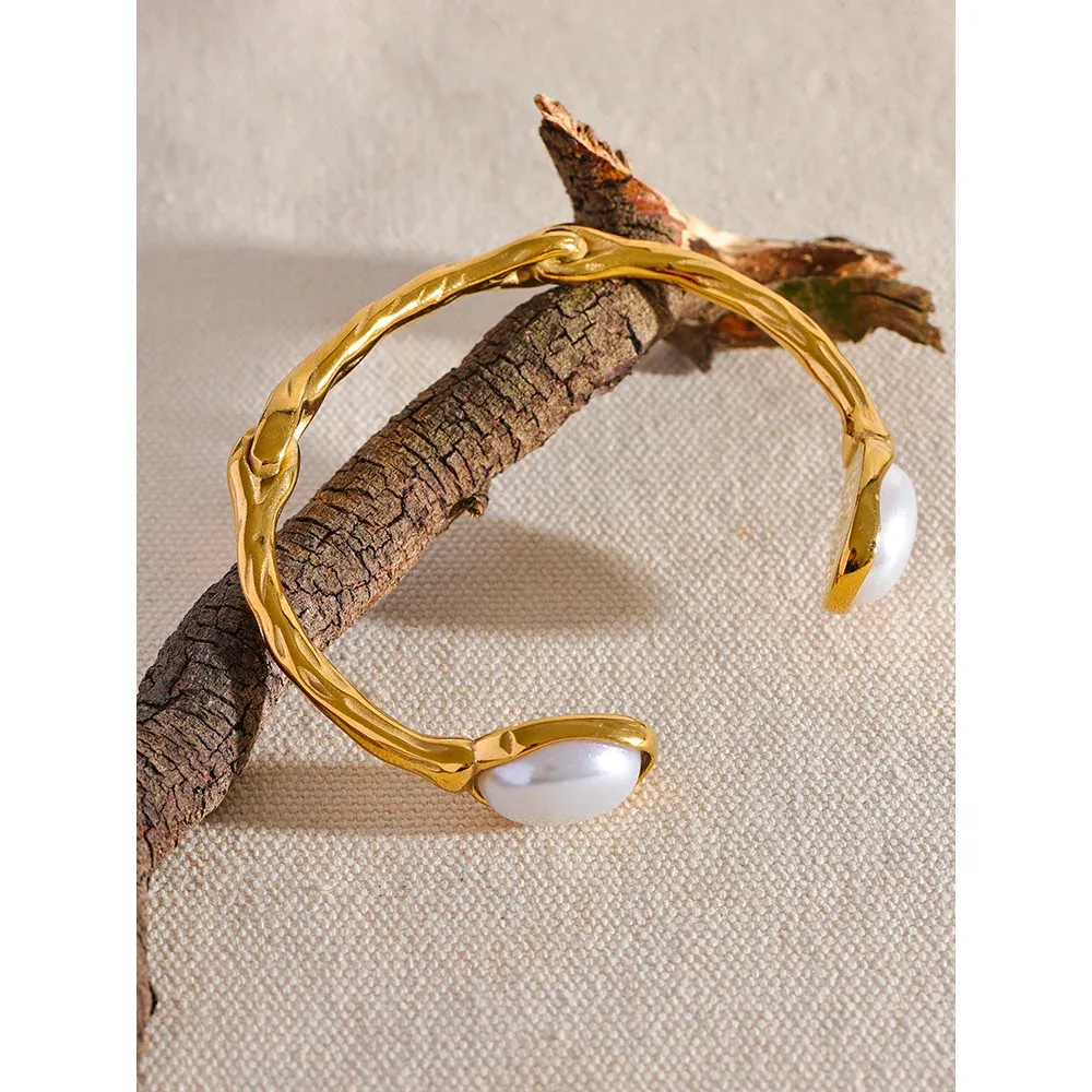 Trendy Imitation Pearls Stainless Steel Gold Color Cuff Bracelet Bangle Rust Proof Metal Stylish Wrist Jewelry for Women