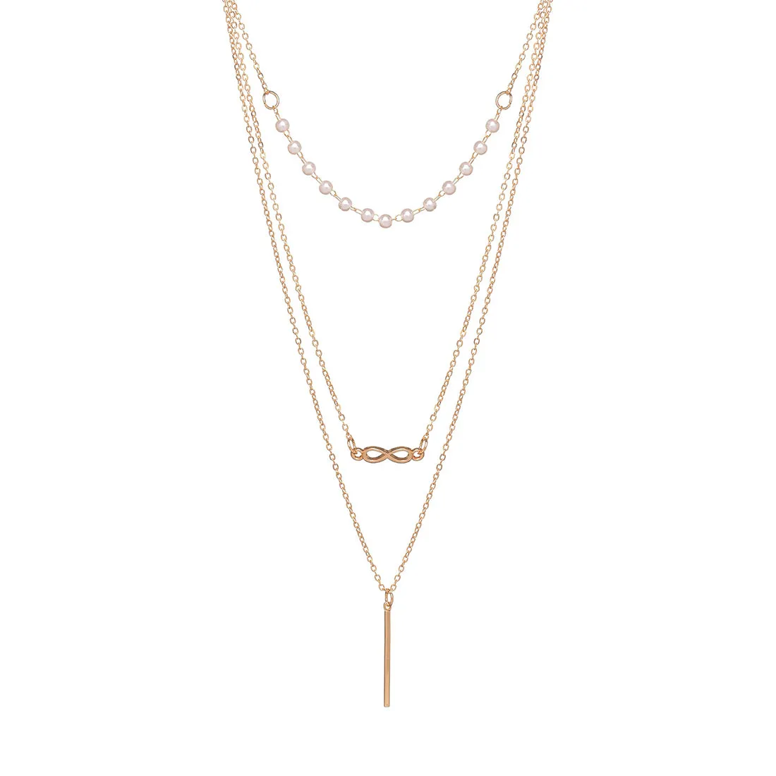 Trendy Three Layered Gold Necklace with Pearls Chain and Infinity