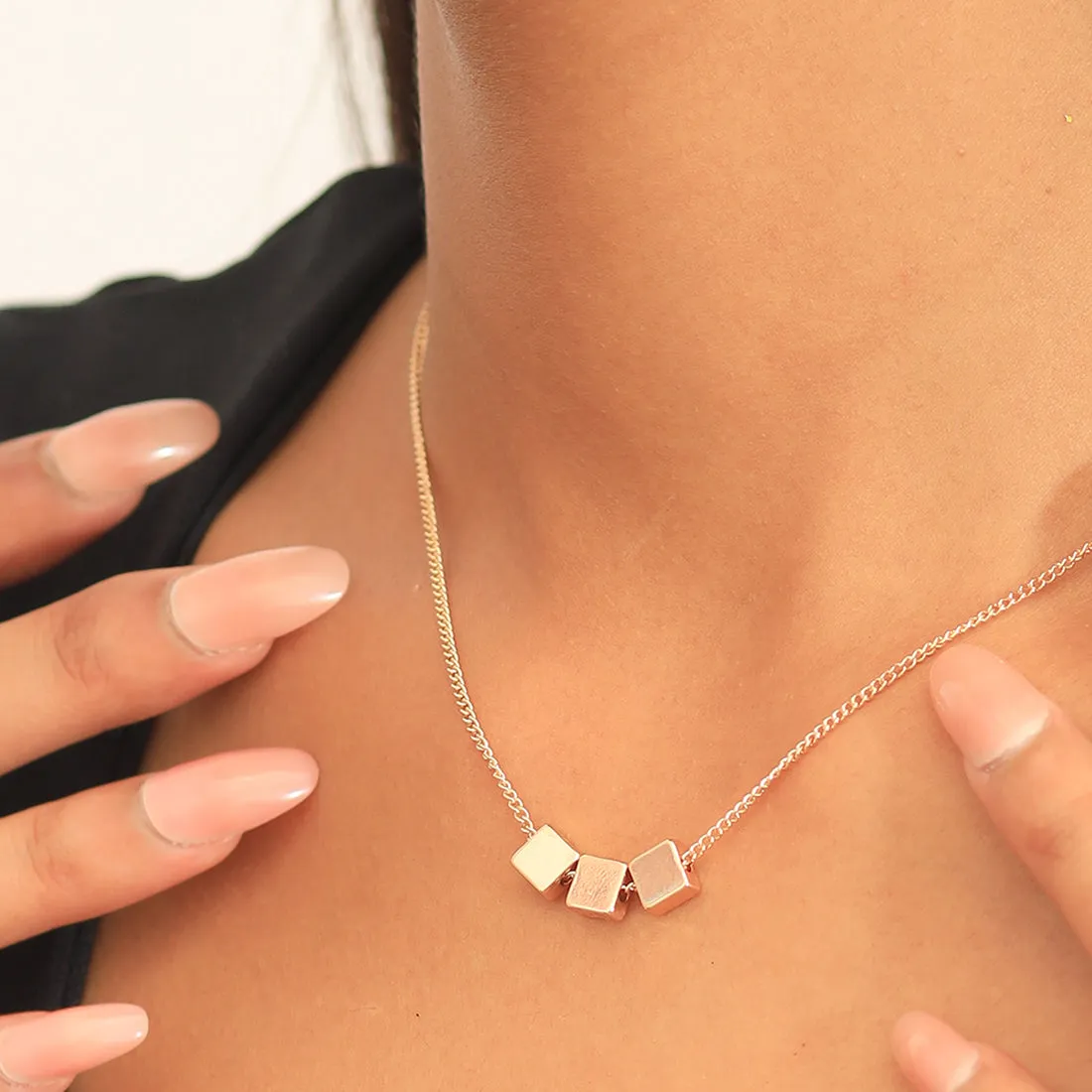 Triple Cubes Mini Pendants Gold-Toned Dainty Necklace
