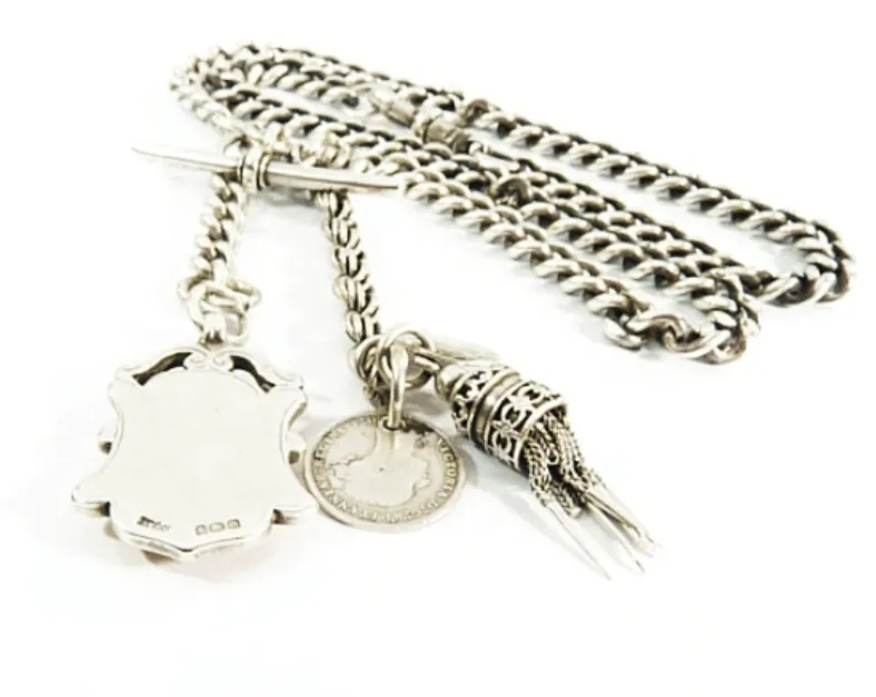 Victorian Hallmarked Sterling Silver Necklace 18" Long With T Bar Shield & Tassel Fob