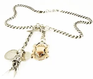 Victorian Hallmarked Sterling Silver Necklace 18" Long With T Bar Shield & Tassel Fob
