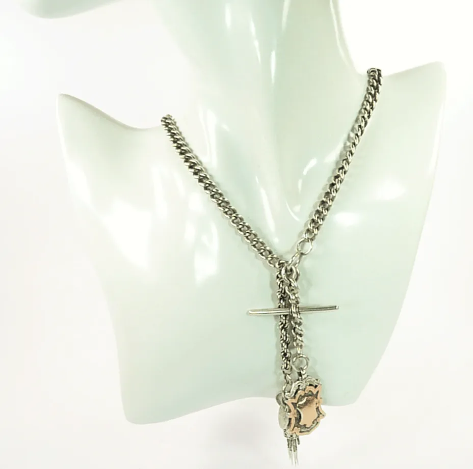Victorian Hallmarked Sterling Silver Necklace 18" Long With T Bar Shield & Tassel Fob